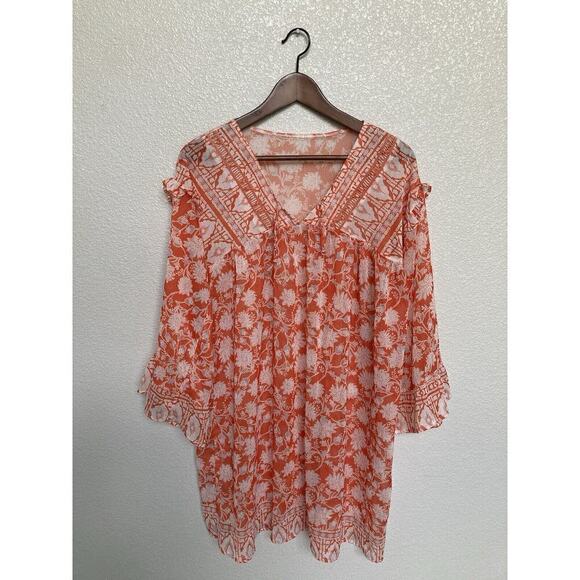 Flowers Dresses & Skirts - Womens sz L Orange boho sheer cover up dress floral ruffle bell sleeve tropical